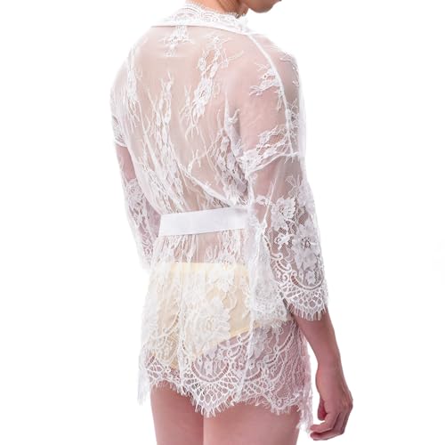 Men Lace Floral Lingerie See Through Mesh Robe and Panty Set Bathrobe Nightgown Sleepwear4