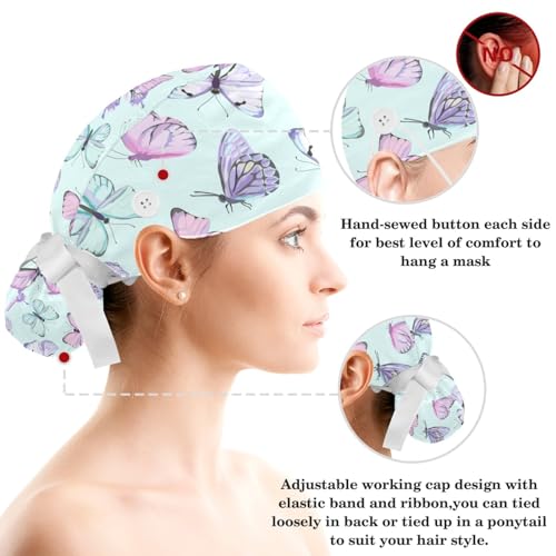 Image of Butterfly Scrub Cap Women with Ponytail & Buttons Adjustable Surgical Nurse Hat with Cotton Sweatband for Long Hair