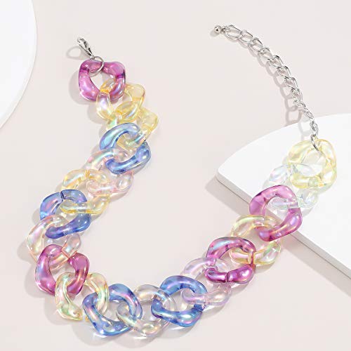 Xerling Colorful Rainbow Acrylic Link Chain Necklace Punk Chunky Boho Iridescent Necklace for Women Teen Girls Multi-Colored Curb Chain Choker for Party Modern Necklace2