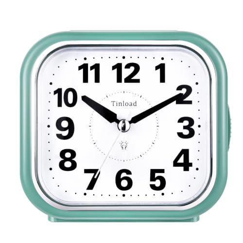 Image of Tinload 4.3 inch No Ticking Analog Alarm Clock,Silent Readable for Seniors,Easy to Set,Gradual Rise Alarm,Big Numbers,On /Off Switch on Side,Gentle Wake,Snooze,Lighted on Demand,Battery Operated,Green
