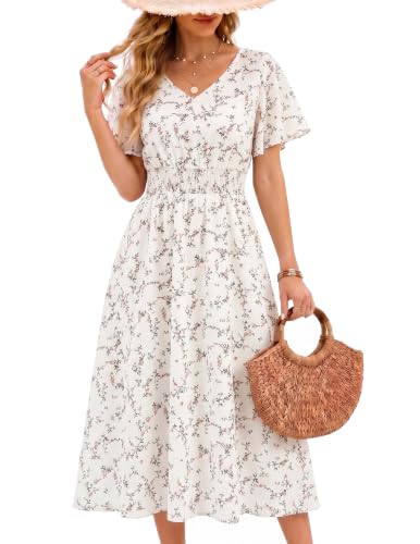 Image of Gardenwed Chiffon Floral Dresses Summer Midi Wedding Guest Dress V Neck for Women Elastic Waist