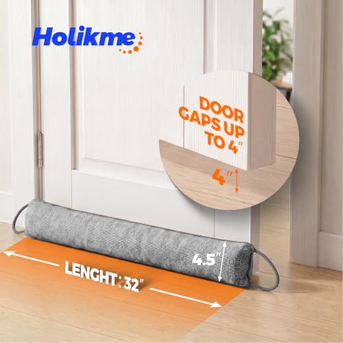 Image of Holikme Weighted Door Draft Stopper - Under Door Seal, 32inch Gray | Heavy Duty Fabric, Removable Washable Cover, Hook-and-Loop Fasteners Included, Soundproof & Thermal Insulation, Energy Saving