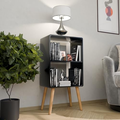 Image of 2 Tier Wooden Side Table Book Shelf for Home Library Book Stand Rack for Kids Self Organizer Storage for Living & Study Room (Black)
