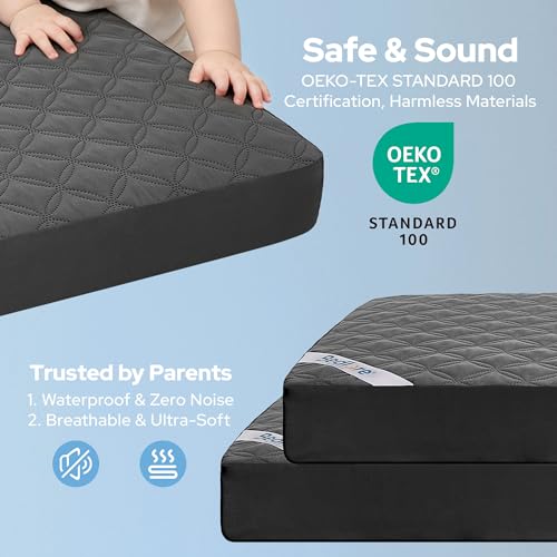 Image of Mini Crib Mattress Protector, Waterproof Sheets Fitted 2 Pack Gray, 38 inchx24 inch