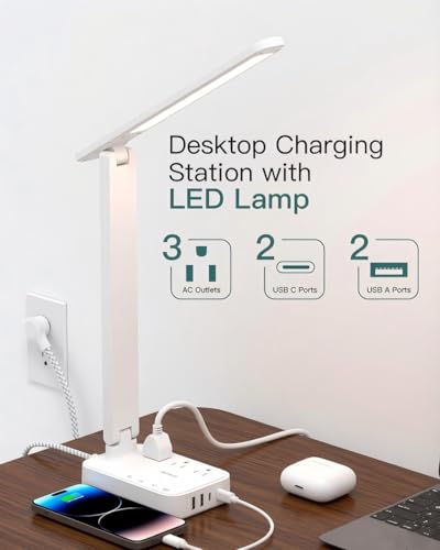 Image of Addtam LED Desk Lamp, Power Strip with 3 Outlets 4 USB Charging Ports(2 USBC), 4 Modes 5 Level Brightness Touch Lamp, Small Desk Lamp for Home Office College Dorm Room Essentials, White