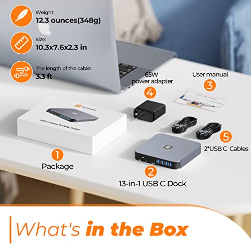 Usb C Docking Station Dual Monitor For M1/M2 Macbook Pro/Air, Dell, Lenovo, Hp, Surface, 13 In 1 Triple Display Laptop Docking Station With 65W Power Adapter, Dual Hdmi, Vga,4 Usb 3.0,Gigabit Ethernet #TOP7