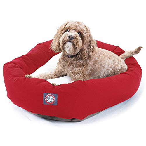 Image of 32 inch Red & Sherpa Bagel Dog Bed By Majestic Pet Products