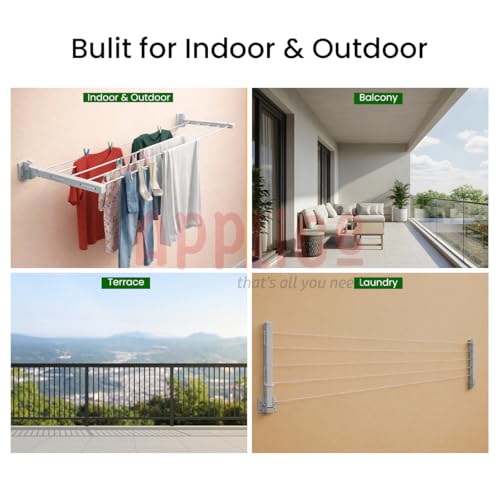 Image of Heavy Duty 5 Layer Wall Mounted Cloth Drying Stand for Balcony | Foldable Clothes Drying Rack with 40 Ft Rope | Space Saving Wall Mount Laundry Dryer for Home, Bathroom & Utility Area (Black)