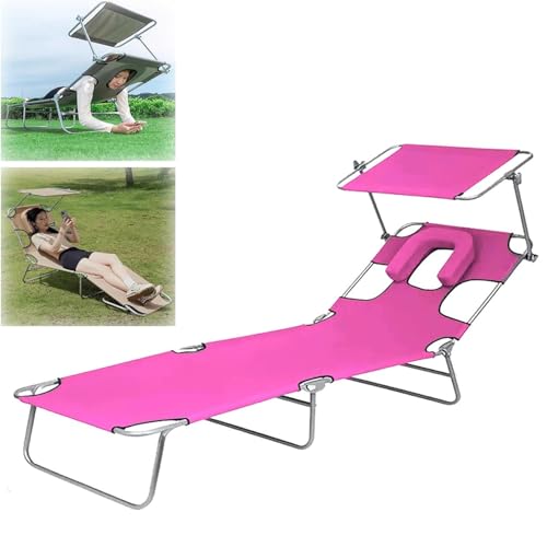 Tumbona reclinable plegable, silla de jardín ligera de tela Oxford 600D con respaldo ajustable y sombrilla, ideal para patio, piscina, camping, compacta y portátil (rojo rosa)