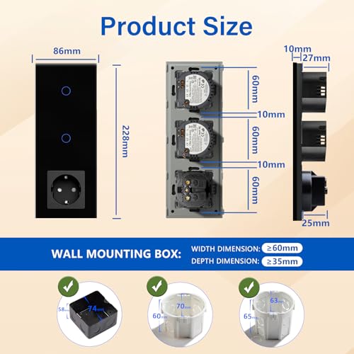 BSEED Touch Lichtschalter mit Schuko Steckdose mit LED Anzeiger doppelte 1 Fach 2 Wege Glas Lichtschalter mit eine Wandsteckdosen Schwarz 228mm