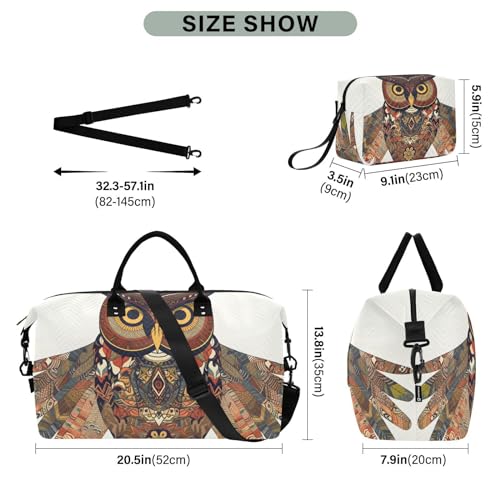 Large Travel Duffel Bag, Owl Ethnic White Sports Tote Gym Bag, Shoulder Weekender Overnight Bag for Women Men, Carry On Luggage with Toiletry Bags3