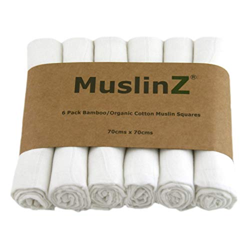 Muslin 6pk Luxury Bamboo/Organic Cotton Muslin Squares 70cm – Bianco