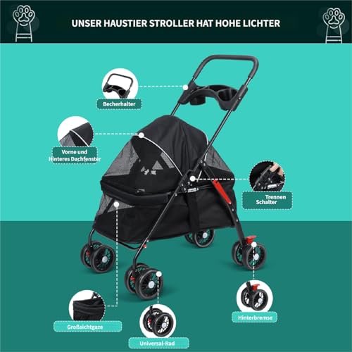2in1 Hundewagen bis 15 kg, Hundebuggy mit 1 Getränkehaltern, Hundebox Transporttasche Faltbar klappbar mit Feststellbremse, Bollerwagen für Hunde, 48 cm * 68 cm * 95cm (Schwarz)