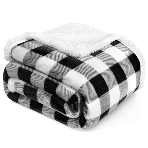 PAVILIA Black and White Buffalo Plaid Sherpa Throw Blanket for