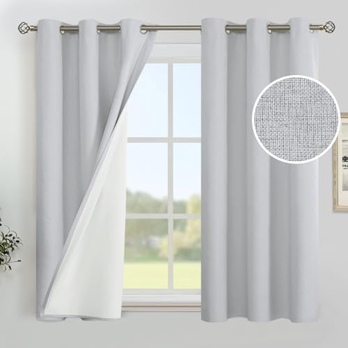 Image of YoungsTex Short Linen 100% Blackout Curtains 45 Inch Length for Bedroom, Thermal Insulated Drapes with Grommet Darkening Privacy for Bathroom Kitchen Window, Light Grey, 2 Panels, 42 X 45 Inch