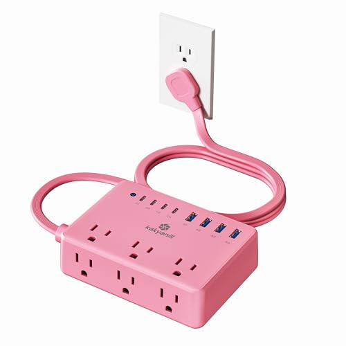 Image of Kakyanill Pink Power Strip, 6 AC Outlets 8 USB Ports(4 USB C) with 2000J Surge Protector, 5ft Flat Plug Pink Extension Cord, Compact for Desk Home, Office, Dorm