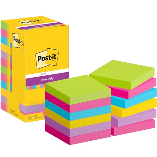 Post-It Foglietti Super Sticky, Confezione Da 12 Blocchetti, 90 Fogli/Blocco, 76 Mm X 76 Mm, Colori Assortiti. Per Appunti, Elenchi & Promemoria