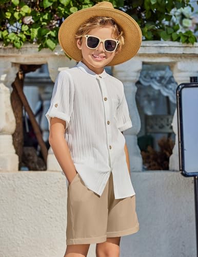 Image of Arshiner Boy's 2 Piece Beach Outfit Short Sleeve Textured Button Down Shirt and Short Sets Summer Vacation Wear 4-12 Years