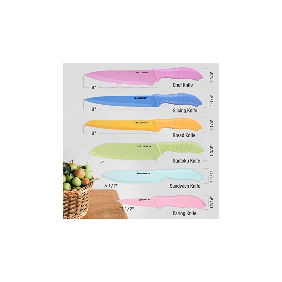 HAUSHOF Kitchen Knife Set, 12-Piece Colorful Knives Set with 6 Sheaths for Kitchen, Non-Stick Coated Stainless Steel Blades for Slicing, Dicing&Cutting, Gifts Knife Set for Dad, Mom, Husband and Wife