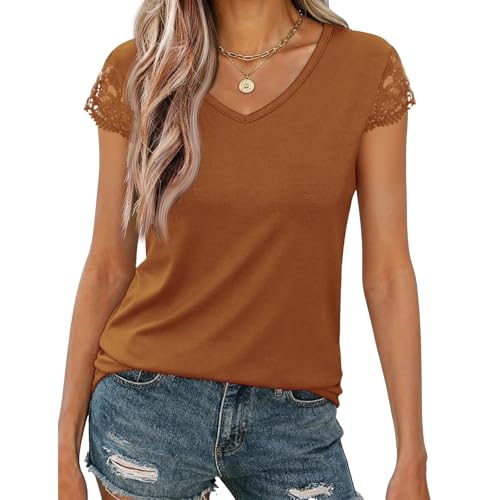 Image of Womens Tops V Neck Short Sleeve T Shirts Womens Summer Tops Casual Soft Basic Lace Tops Spring Summer Tees Clothes 2026