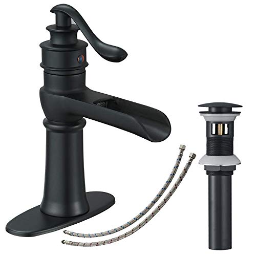 BATHLAVISH Matte Black Bathroom Faucet Waterfall Sink Basin Single Hole with Pop Up Drain Assembly Farmhouse Rustic Overflow 1 Handle Mixer Tap Farmhouse Commercial Supply Line Lead-Free