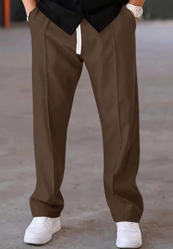 Image of KAJARU Men's Polyester Casual Straight Leg Trousers with Drawstring Waist - Comfortable & Stylish Everyday Wear for Men - Lightweight & Relaxed Fit Pants