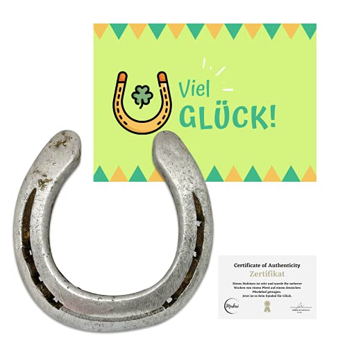 echtes Pferdehufeisen Glücksbringer Geschenkidee getragenes Hufeisen mit Echtheitszertifikat Postkarte zum Verschenken 2x Hufnägeln aus Aluminium rostfrei und gereinigt von Deutschem Hof (Authentisch)