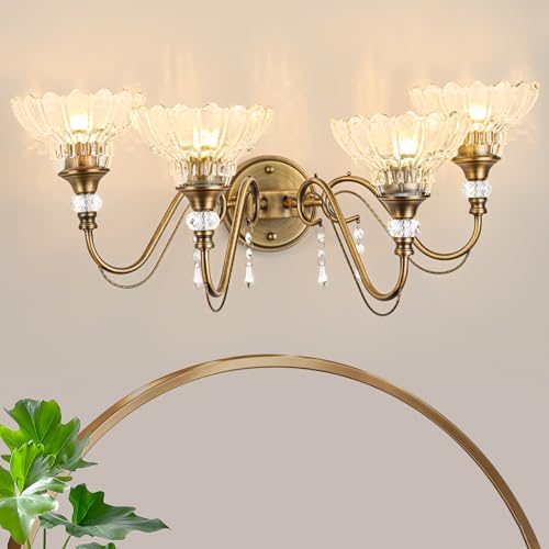 Image of Vintage Bathroom Vanity Light, 4-Light Matte Antique Brass Finish Wall Sconce with Hanging Crystal Accents and Flower-Shaped Clear Glass Shades, Retro Wall Mount Vanity Light Over Mirror for Bathroom