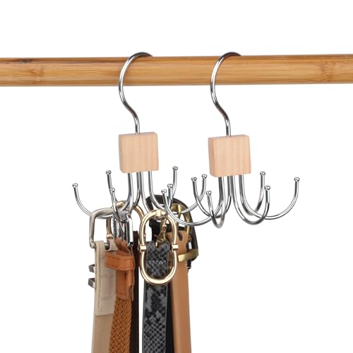 LMSAWK 2 peças rotação de 360 graus cabide para cintos, cabide de madeira para cinto, gravata de gravata, ganchos, para meias, luvas, 6 ganchos, cor de madeira