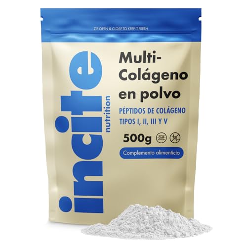 Incite Nutrition Multi Colágeno en Polvo Sin Sabor 500 g. Colágeno Tipo 1, 2, 3 y 5. Suplemento para la Piel, las Articulaciones, los Huesos, el Cabello, las Uñas y la Recuperación Muscular.