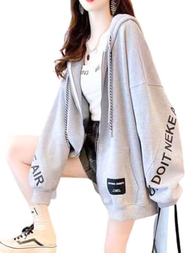 Women's Zip-Up Hoodie, Loose Fit, Lightweight, Zip-Up, Oversized, Large Size, Cute, Korean, Elegant, Outerwear, Spring, Autumn, Spring-Autumn Clothing, Korean Fashion
