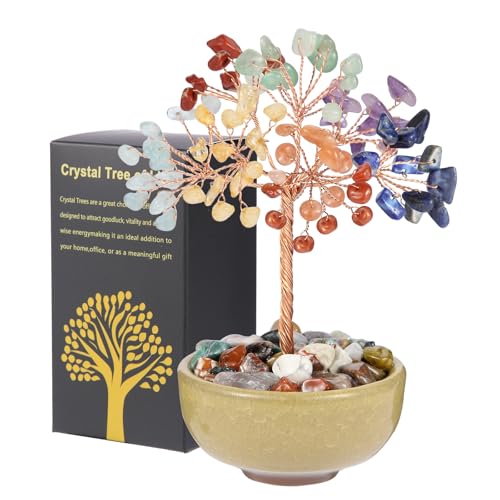 Handcrafted 7 Chakra Abundance Tree with Ceramic Base 5 Inch Natural Crystal Feng Shui Bonsai for Prosperity Harmony & Energy Flow Premium Healing Stone Decor for Home & Sacred Spaces
