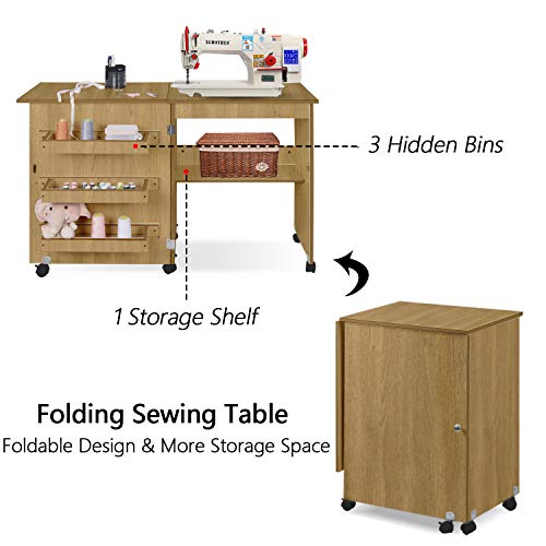Folding Sewing Table Multifunctional Sewing Machine Cart Table Sewing Craft Cabinet Table with Storage Shelves Portable Rolling Sewing Desk Computer Desk with Lockable Casters (Walnut)
