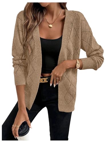 Verdusa Women's Argyle Plaid Lightweight Cardigan Sweaters Open Front Hollow Out Knitted Outerwear Dressy Casual Outfits