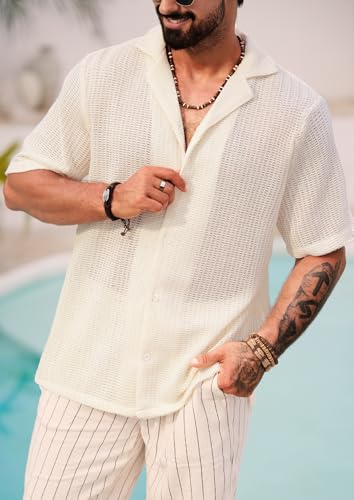 Men Summer Beach Shirts Stylish Hollow Out Button Down Shirt Casual Cuban Top (S-XXL)3