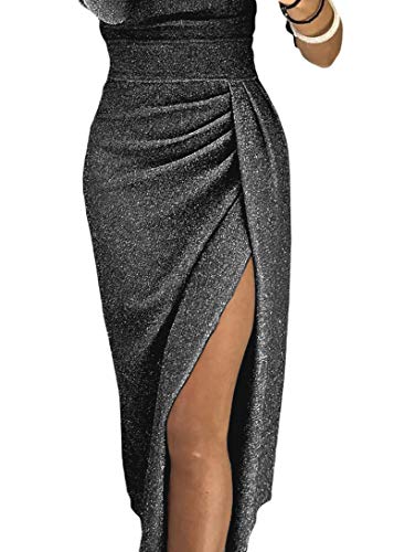 Womens Prom Dresses High Slit Off Shoulder Formal Elegant Fall African Metaillic Sexy Night Black Evening Party Cocktail Dress Small (4-6) Black