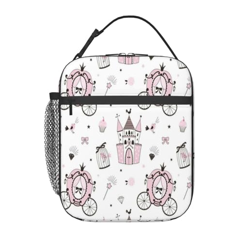 ポータブル断熱ランチバッグ。防水性と漏れ防止性を備え、スタイリッシュで丈夫。仕事、学校、アウトドア活動に最適です。男性にも女性にも適しています(背景にはプリンセスの城柄、鳥、妖精、馬車、女の子、愛らしい赤ちゃんが描かれています)。