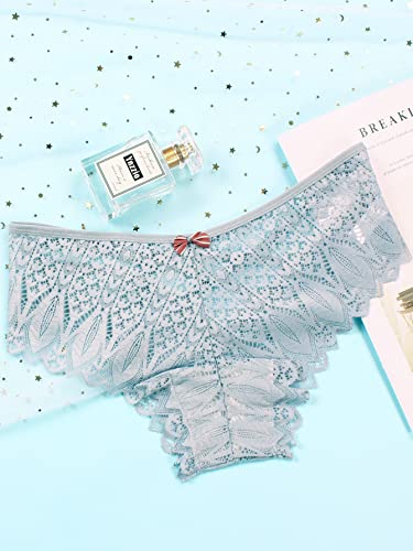 Shein Women's Floral Sheer Lace High Waist Panties Lace Up Back Lingerie Briefs Dusty Blue Large #TOP4