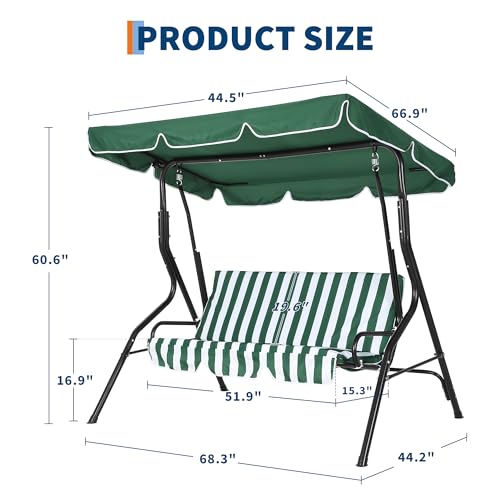 Balancelle de Jardin 3 Places avec auvent Inclinable,Balançoire de jardin 3 Personnes Extérieur avec Coussins et Dossier épais rembourrés,Cadre acier,pour Jardin,Terrasse,Piscine(Vert) – vue 2