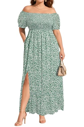 Image of Plus Size Summer Dresses Sun - Maxi Boho Casual Off Shoulder Floral Lace Long Dress with Pockets