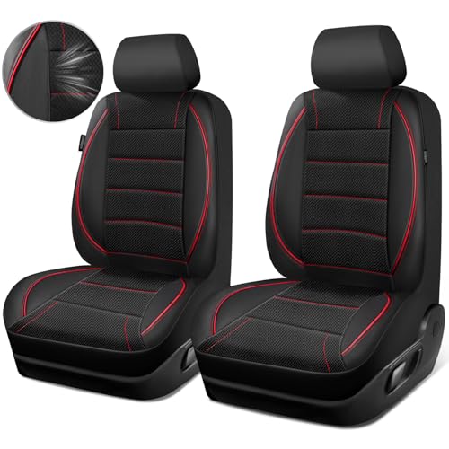 Image of CAR PASS Air Mesh Leather Car Seat Covers Front Seats, Breathable Two Front Seat Covers for Cars, Comfortable Universal Fit for SUV Truck Sedan Automotive, Anti-Slip Airbag Compatible,Black and Red