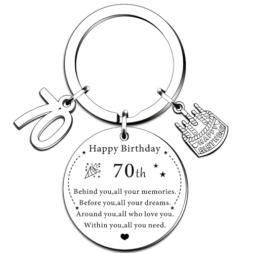 SMARGO Porta-chaves de 70 anos para mulheres e homens, presentes de aniversário incomuns para ela, ele, presentes especiais de 70 anos para mãe, amiga, irmã, prata, tamanho único