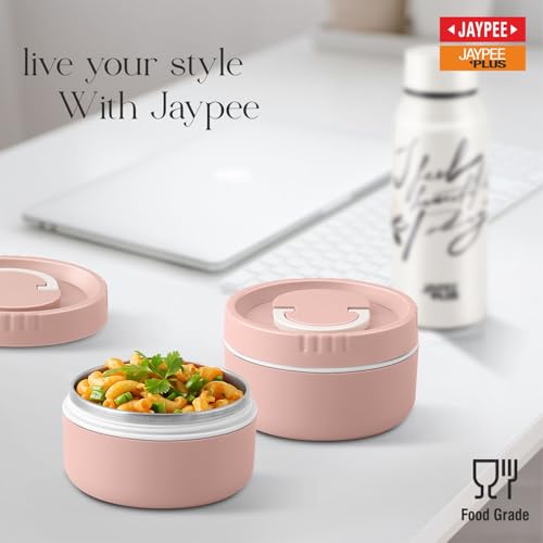 Image of Jaypee Plus Snackpac Airtight Leakproof Container 400 ml Lunch Box for School, Office, Ideal for Snacks and Meal, Keeps Food Hot & Fresh Inner Stainless Steel Easy to Carry Handle, Sanitary Pink
