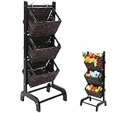 Menkxi Wicker 3 Tier Foldable Storage Basket Floor Rack with Market Storage Basket Water Hyacinth Storage Rack Hand Woven Laundry Rack for Bathroom Kitchen Laundry Room Living Room Storage (Brown)