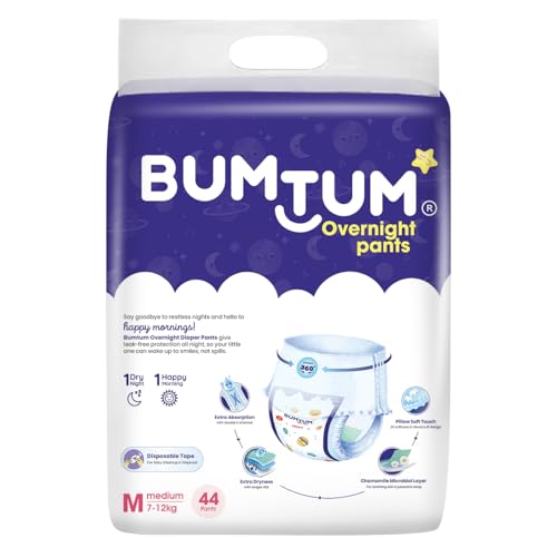 Image of Bumtum Baby Overnight Diaper Pants - Size M (7-12 kg), 44 Count | All night Absorption with Pillow Soft Comfort | No Leak | 100% Rashfree | With soothing Chamomile Microbial Layer | Pack of 1