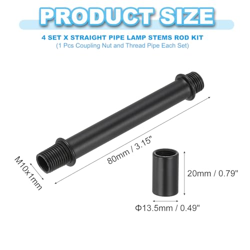 Image of PATIKIL Straight Pipe Lamp Stems Rod Kit, 4Set M10 Carbon Steel 80mm(3.15 inch) Long Double End Thread Rod with Coupling Nuts Sleeve Connector for Table Lamps Chandeliers, Black