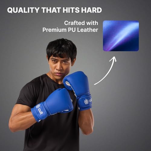 Image of Cult Neo Boxing Gloves 10 OZ - Pro-Style Training Gloves for Sparring, Heavy Bag & Mitt Work - Premium PU Leather, Shock Absorbing Padding, Ergonomic Design with Wrist Support - Blue & White