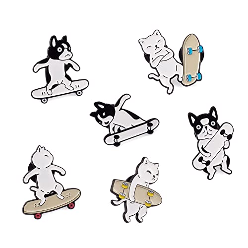 Image of Cheriswelry 6Pcs Cat Dog with Skateboarding Enamel Pins Pet with Skateboarding Lapel Pins Cute Animal Brooch Pins 27-30.5mm for Clothes Bags Backpack Hats Decoration