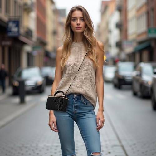 Small Genuine Leather Purse Quilted Crossbody Bag for Women, Mini Top-Handle Shoulder Handbag w/Gold Chain Strap2