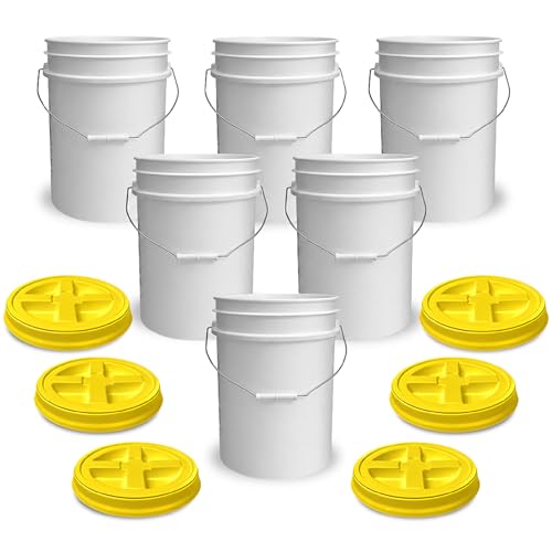 Image of ePackageSupply 5 Gallon Bucket - Food Grade w /Lid BPA-Free, White /Yellow, 6 | Airtight Gamma Seal Screw-On Lid, Heavy-Duty 90 Mil HDPE Plastic, Food Safe and Durable Container, Bulk Storage, Made in USA